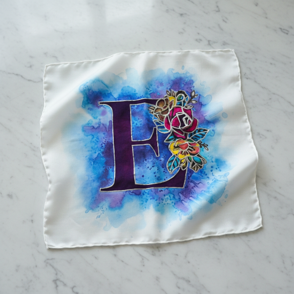 Botanical Monogram Silk Scarf | Hand-Painted Custom Floral Initial | Made-to-Order Gift for Her