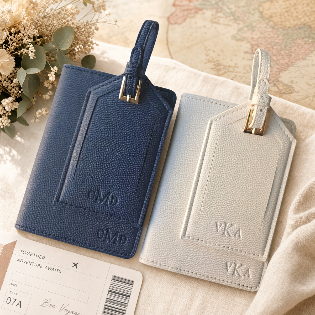 Personalized blind-embossed passport cover and luggage tag set styled as a travel-themed wedding favor gift