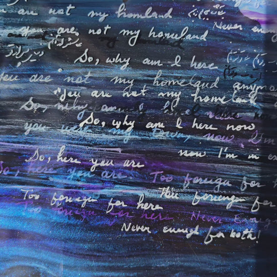Close-up detail of hand-written bilingual poetry layered in resin on ocean wave painting – The Water Girl by Maryam Mohi